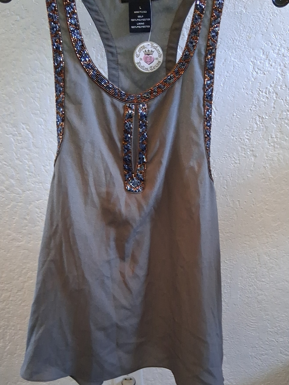 MM Couture Taupe Tank Top with Beaded Trim